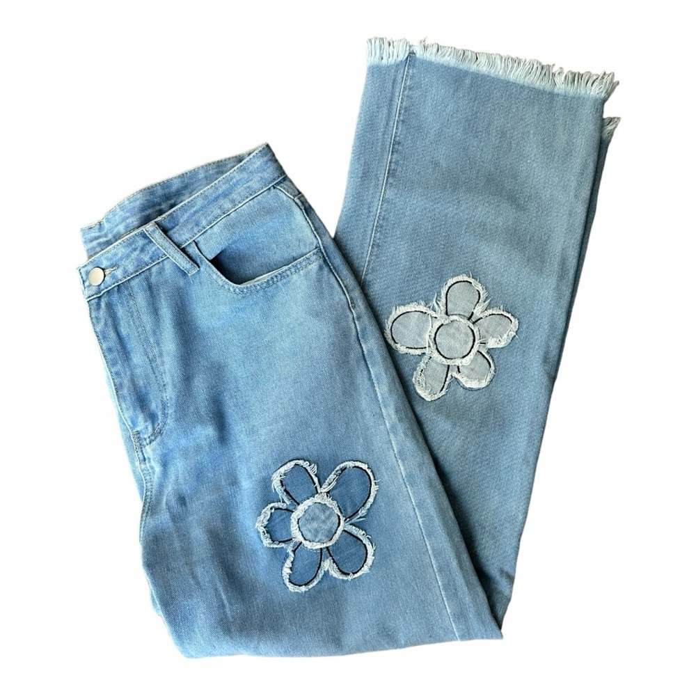 Cider Baggy Straight Leg High Rise Raw Hem Ankle Daisy Flower Jeans - Size Large
